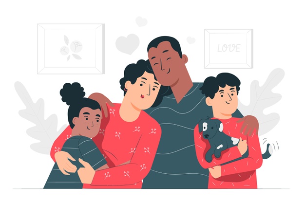 Cartoon of a family hugging each other with love and care.