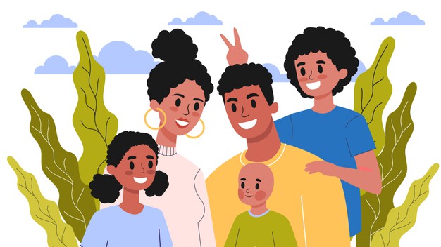 Cartoon portrait of a happy family.